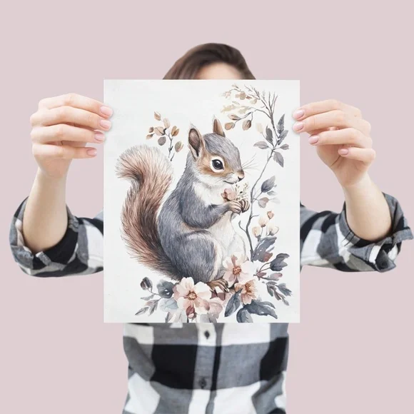 Watercolor Floral Squirrel Portrait Wall Art Illustration Print Poster Unframed - Picture 5 of 9